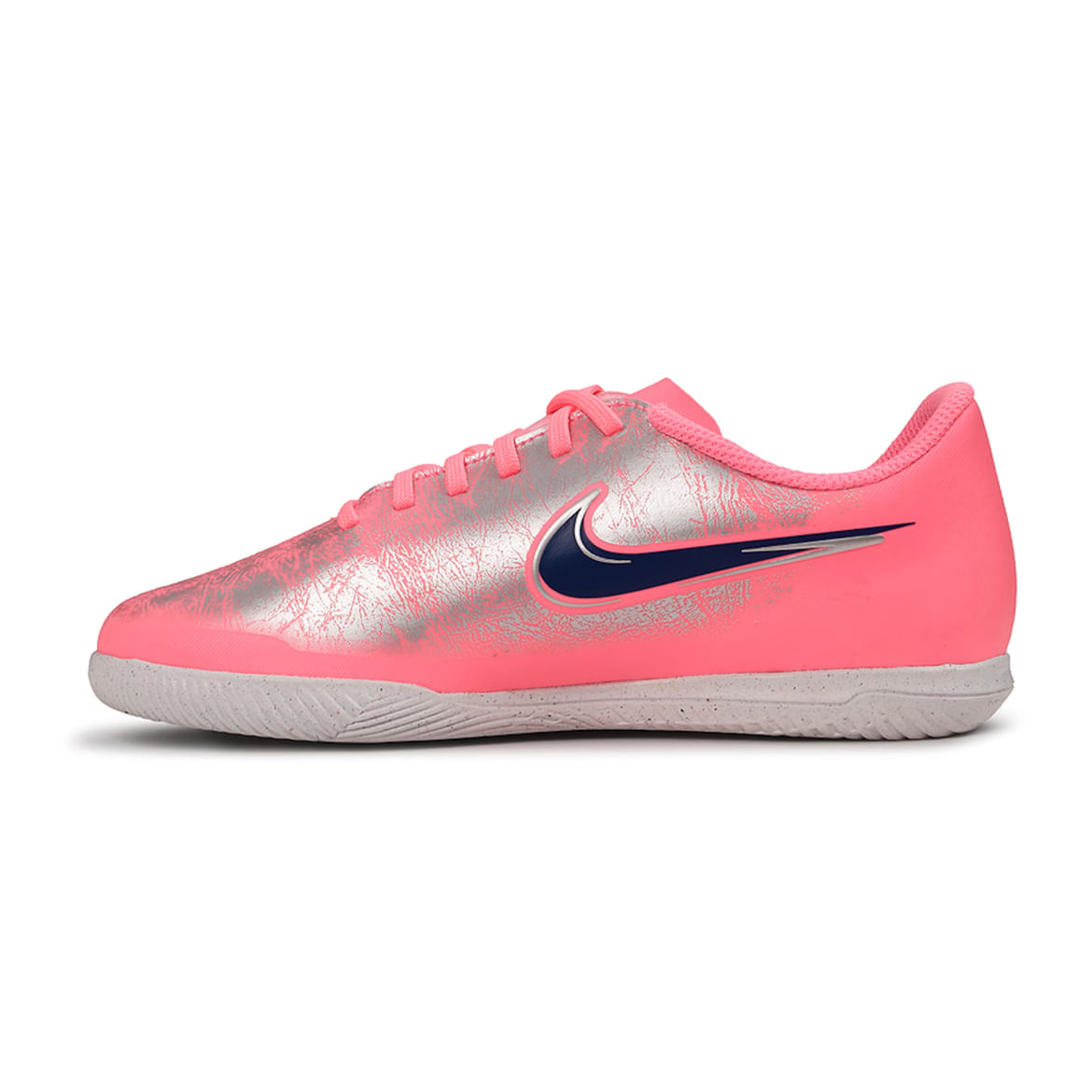 Chuteira de futsal infantil Nike Jr Zoom Vapor 16 vista lateral em rosa e azul